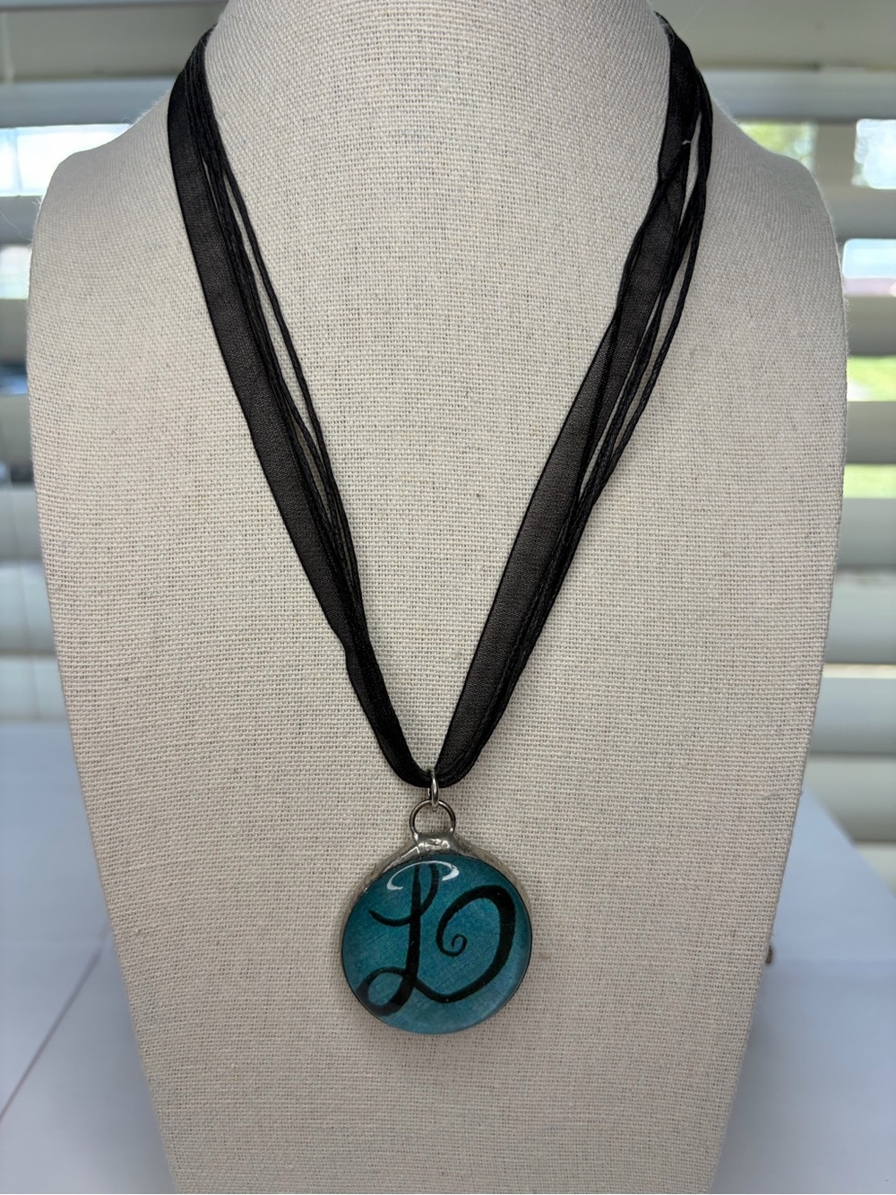 Monogram “L” Teal Bubble Pendant Necklace on Black Ribbon